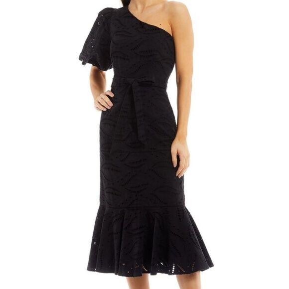 Gibson + Latimer Medium  Eyelet Black One Shoulder Puff Sleeve Midi Dress - Picture 1 of 9